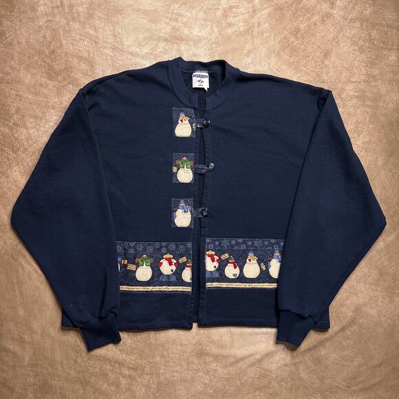 Vintage 90s Jerzees Handmade Snowman Cardigan Sweater Patchwork Navy Christmas - Picture 8 of 8